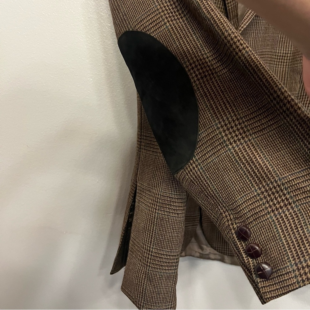 Lauren Ralph Lauren Wool Elbow Patch Houndstooth Dark Brown Check Blazer 48R - Picture 3 of 13